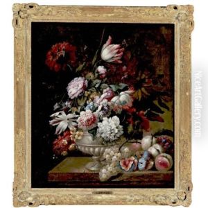 Still Life Of Tulips, Roses, Peonies, Poppies And Other Flowers In A Vase Resting On A Table With Figs, Grapes And Peaches