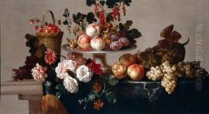 A Still Life Of Peaches, Plums, Currants And Hazelnuts On A Silver Platter, Strawberries In A Basket, Together With Grapes, Apples, A Melon, Peonies And Zinneas On A Stone Table