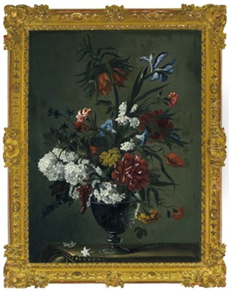 Ein Blumenstraus Mit Schneeballen, Nelken, Wicken, Pfingstrosen, Iris, Kaiserkrone Und Anderen Bluten In Einer Glasernen Vase - view 1