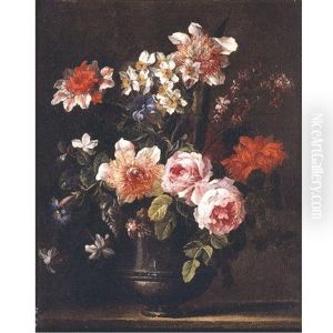 Still Life Of Roses, Carnations, Chrysanthemums, Carcissi, Morning Glory And Other Flowers In A Pewter Urn Resting On A Ledge