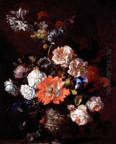 A Still Life Of Summer Flowers Including Roses, Poppies, Peonies And Convolvulus All In A Sculpted Vase - view 1