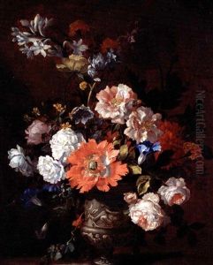 A Still Life Of Summer Flowers Including Roses, Poppies, Peonies And Convolvulus All In A Sculpted Vase