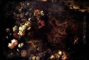 Still Life Of Flowers In A Sculpted Vase, Together With A Large Gilt Ewer, Carved Stone Reliefs And Fruit, Set Within A Landscape Still Life Of Flowers In A Sculpted Vase, Together With A Large Gilt Ewer, Carved Stone Reliefs And Fruit, Set Within A Landscape