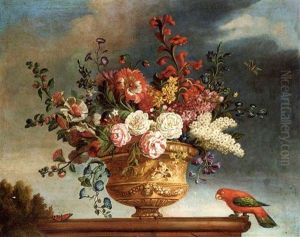 Summer Flowers In A Vase On A Plinth, With A Parrot And Butterfly To The Side (+ Another Similar; Pair)
