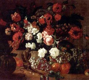 Poppies, Carnations, Roses, Tulips And Other Flowers In A Basket On A Ledge With Grapes, Pears, Peaches, Plums And A Melon On A Forest Floor With A Monkey And A Parrot by Jean-Baptiste Monnoyer