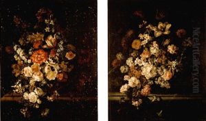 Still Lifes Of Roses, Irises, Tulips, Carnations And Various Other Flowers In Baskets, On Stone Ledges by Jean-Baptiste Monnoyer