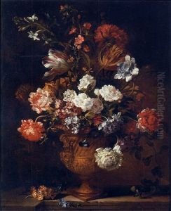 Parrot Tulips, Crysanthemums, Primroses, Morning Glory And Other Flowers In A Sculpted Urn On A Stone Ledge by Jean-Baptiste Monnoyer