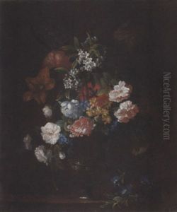 Roses, Chrysanthemums, Narcissi, Parrot Tulips And Other Flowers In A Vase On A Ledge by Jean-Baptiste Monnoyer