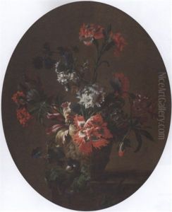 Carnations, Parrot Tulips, Poppies, Morning Glory And Other Flowers In A Sculpted Urn On A Ledge by Jean-Baptiste Monnoyer