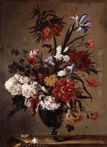 Still Life With Carnations, Tulips And Other Flowers In Glass Vase On A Ledge by Jean-Baptiste Monnoyer