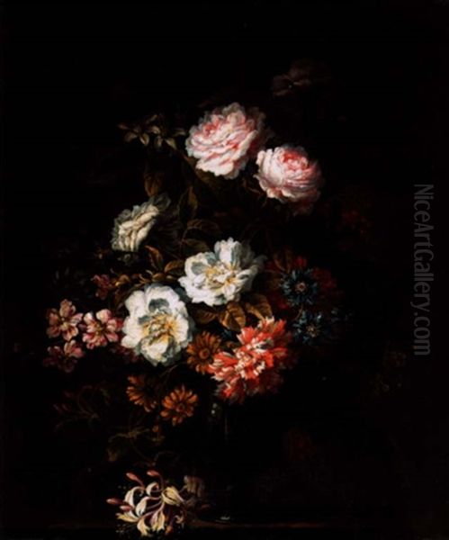 Carnations, Roses And Peonies With Other Flowers In A Glass Set On A Stone Ledge - view 1