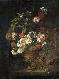 Peonies, Narcissi, Carnations And Other Flowers In An Urn On A Ledge by Jean-Baptiste Monnoyer