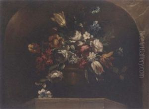 Roses, Tulips, Daffodils, Morning Glory And Other Flowers On An Urn In A Niche