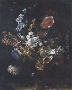 Chrysanthemums, Narcissi, Hyancinths, Anemones And Other Flowers In A Gilt-bronze Mounted Glass Vase On A Stone Ledge by Jean-Baptiste Monnoyer