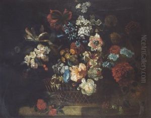 Carnations, Peonies, Tulips, Narcissi, Morning Glory And Other Flowers In A Basket On A Ledge