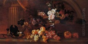 A Parrot Tulip, Roses, And Other Flowers In A Basket With Grapes And A Pumpkin On A Table And Other Fruits And A Parrot On A Marble Ledge by Jean-Baptiste Monnoyer