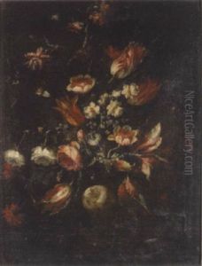 A Still Life With Tulips, Roses And Other Flowers In A Vase by Jean-Baptiste Monnoyer