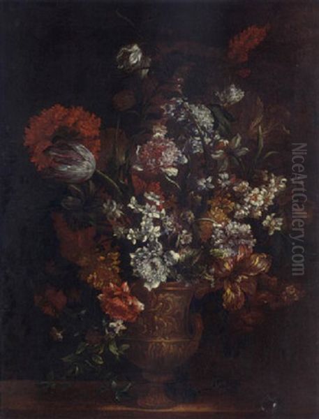 A Still Life With Tulips, Carnations, Poppy Anemones, Hyacinths And Other Flowers In A Copper Vase On A Ledge - view 1