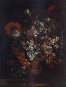 A Still Life With Tulips, Carnations, Poppy Anemones, Hyacinths And Other Flowers In A Copper Vase On A Ledge by Jean-Baptiste Monnoyer