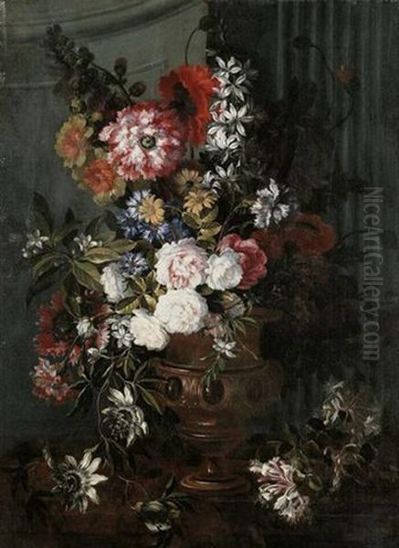 Roses, Poppies, Hollyhocks, Jasmine And Other Flowers In A Sculpted Urn On A Ledge, Before A Pilaster - view 1