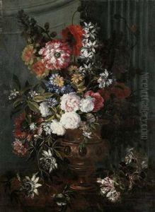 Roses, Poppies, Hollyhocks, Jasmine And Other Flowers In A Sculpted Urn On A Ledge, Before A Pilaster by Jean-Baptiste Monnoyer