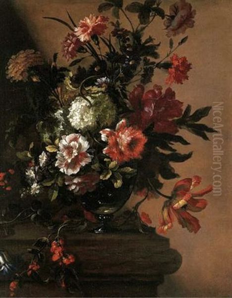 Peonies, Parrot Tulips, Carnations And Other Flowers, In An Urn On A Stone Ledge - view 1