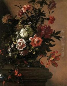 Peonies, Parrot Tulips, Carnations And Other Flowers, In An Urn On A Stone Ledge by Jean-Baptiste Monnoyer