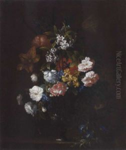 Roses, Morning Glory, Cornflowers, A Tulip And Other Flowers In A Glass Vase On A Stone Ledge Roses, Morning Glory, Cornflowers, A Tulip And Other Flowers In A Glass Vase On A Stone Ledge