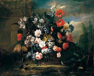 A Still Life Of Various Flowers In A Basket, Resting Before Architecture And A Woodland Setting