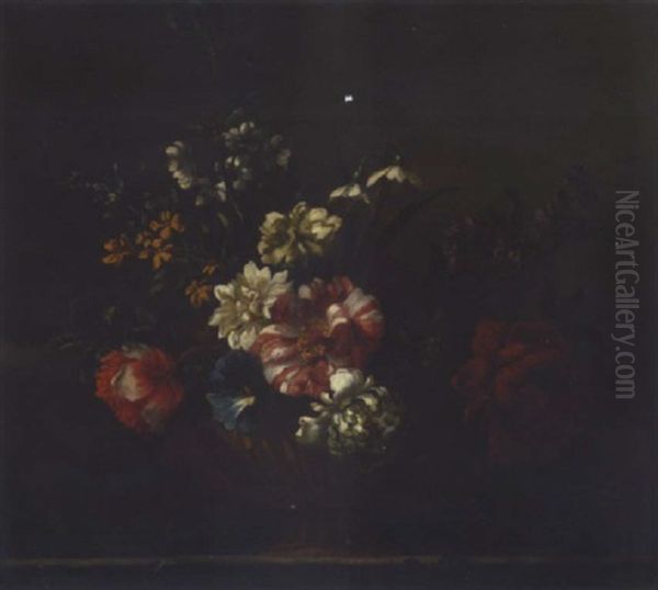 Still Life Of Chrysantehmums, Peonnies, Morning Glory And Narcissi, In A Gilt Urn, Upon A Stone Ledge - view 1