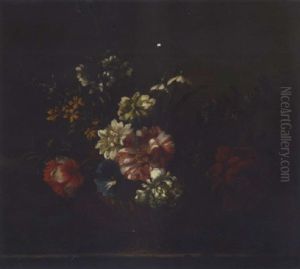 Still Life Of Chrysantehmums, Peonnies, Morning Glory And Narcissi, In A Gilt Urn, Upon A Stone Ledge by Jean-Baptiste Monnoyer