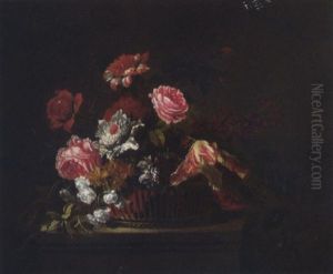 Roses, Carnations, Tulips, Morning Glory And Other Flowers In A Basket On A Plinth Roses, Carnations, Tulips, Morning Glory And Other Flowers In A Basket On A Plinth