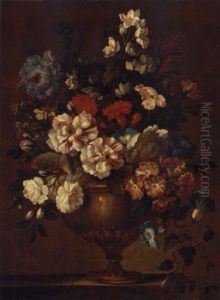 Roses, Bluebells, Carnations And Other Flowers In A Sculpted Urn On A Stone Ledge Roses, Bluebells, Carnations And Other Flowers In A Sculpted Urn On A Stone Ledge
