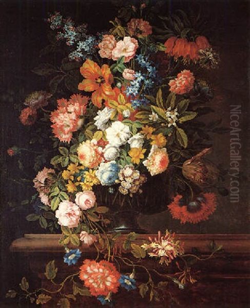 A Still Life Of Flowers Including Roses, Lilac, A Crown Imperial, Tulips, Morning-glory, Honeysuckle, Stocks And Peonies In A Glass Vase - view 1