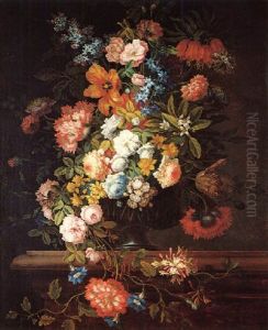 A Still Life Of Flowers Including Roses, Lilac, A Crown Imperial, Tulips, Morning-glory, Honeysuckle, Stocks And Peonies In A Glass Vase by Jean-Baptiste Monnoyer