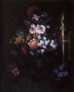 Tulips, Peonies, Anemones, Delphiniums, Zinias And Morning Glory In A Basket With White Grapes On A Stone Ledge, An Urn With Flowers Beyond