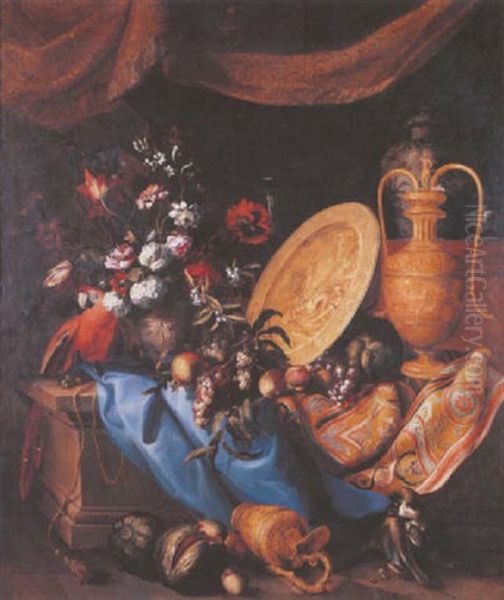 Nature Morte Au Bouquet De Fleurs, Perroquet, Singe, Fruits Et Aiguiere Sur Un Entablement Orne De Draperies - view 1