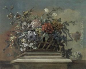 A Still Life With Flowers In A Basket On A Pedestal
