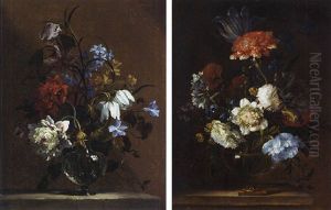 Carnations, Snake's Head, Narcissi And Other Flowers In A Glass Vase On A Stone Ledge