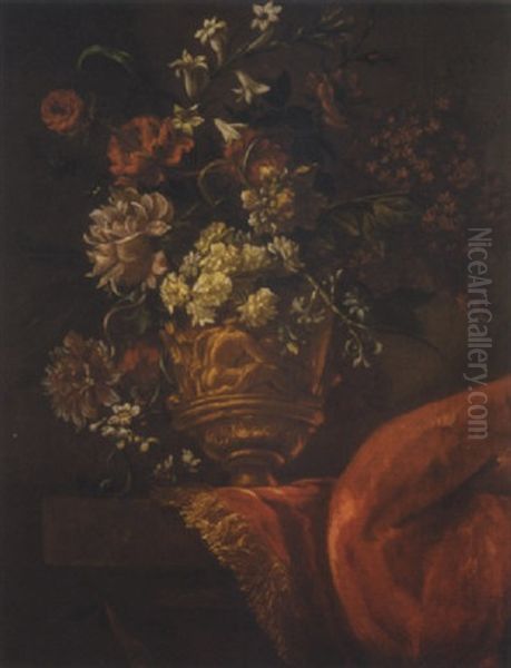 A Still Life Of Various Flowers In A Gilt Sculpted Urn, Upon A Stone Pedestal, Partly Draped With A Rug - view 1