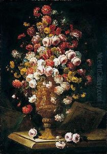 A Still Life Of Roses, Carnations In A Sculpted Urn Upon A Stone Ledge