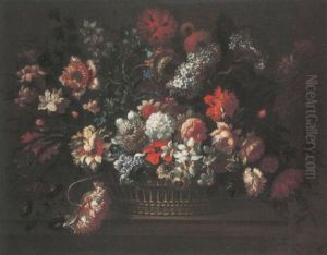 Carnations, Roses, Narcissi, Morning Glory And Other Flowers In A Basket On A Ledge
