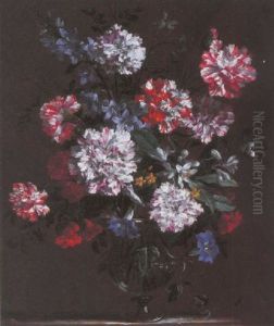 Carnations, Morning Glory, Apple Blossom, A Delphinium And Other Flowers In A Vase On A Ledge