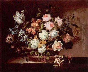Still Life Of Tulips, Roses, Hyacinths And Other Flowers In A Wicker Basket Set On A Stone Table