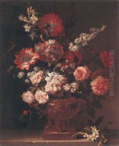 A Still Life Of Roses, Carnations, Stocks, Poppies And Tobacco Plants, With A Sprig Of Orange-blossom Upon A Stone Ledge