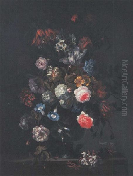 Roses, Tulips, Carnations, Convolvulus, Hydrangea, And Peonies In A Glass Vase On A Ledge With Honeysuckle - view 1