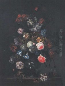Roses, Tulips, Carnations, Convolvulus, Hydrangea, And Peonies In A Glass Vase On A Ledge With Honeysuckle thumbnail