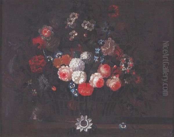 Roses, Peonies, Morning Glory, Narcissi And Other Flowers In A Basket On A Ledge - view 1