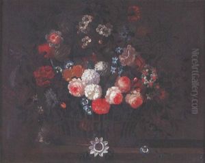 Roses, Peonies, Morning Glory, Narcissi And Other Flowers In A Basket On A Ledge by Jean-Baptiste Monnoyer