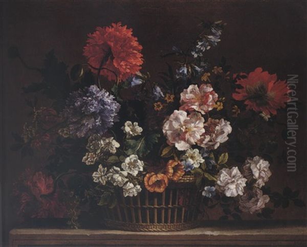A Still Life Of Roses, Carnations, Delphiniums, Peonies And Lilies, Arranged In A Wicker Basket, Upon A Stone Ledge - view 1